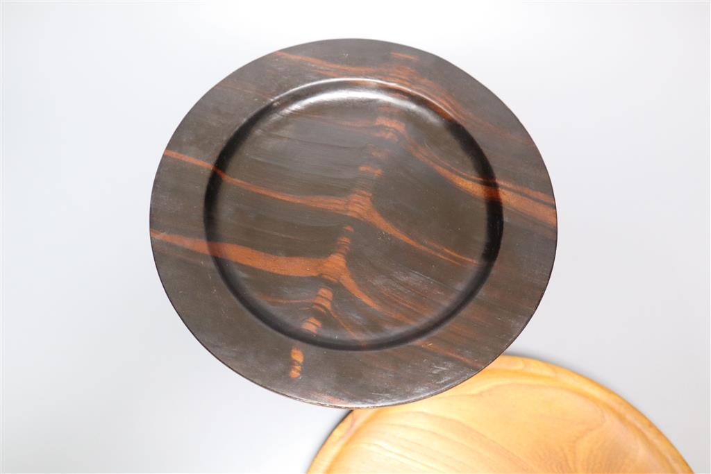 A burr yew bowl by Peter Spear, a carved hardwood stand and an ebony dish